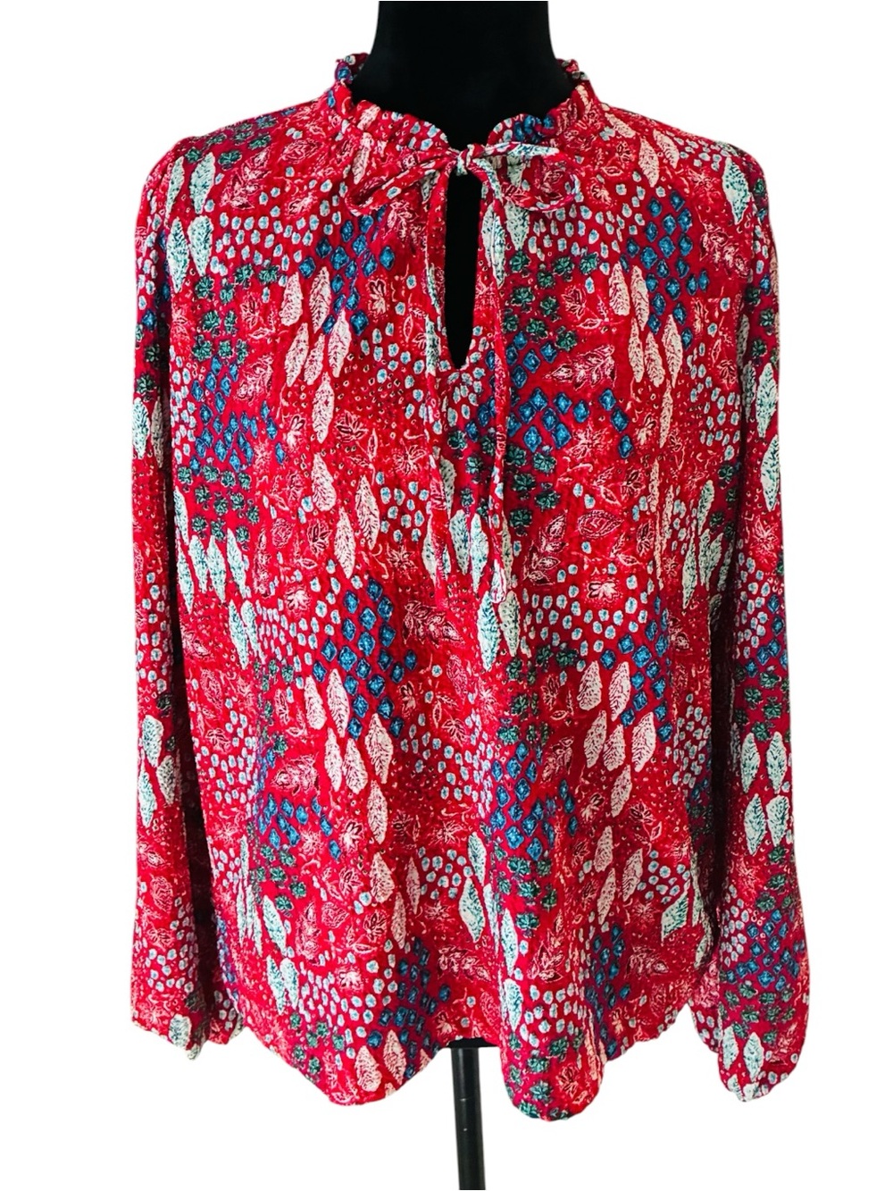 Ann Taylor LOFT Sz MEDIUM Red Garden Print Floral Tie-Neck Long-Sleeve Blouse - Picture 2 of 8